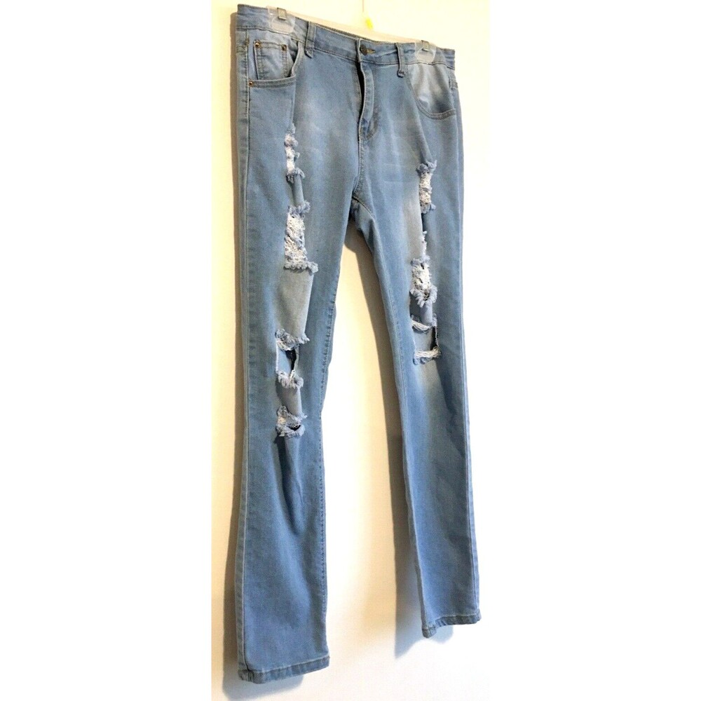 Ripped Distressed Med Wash 5 Pockets Stretch Blue Denim Jeans Women Size Large